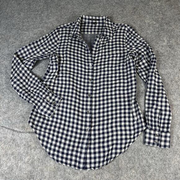 Theory Nikala Shirt Women’s Medium Gingham Plaid Navy Beige Cotton Wool Button - Picture 1 of 9